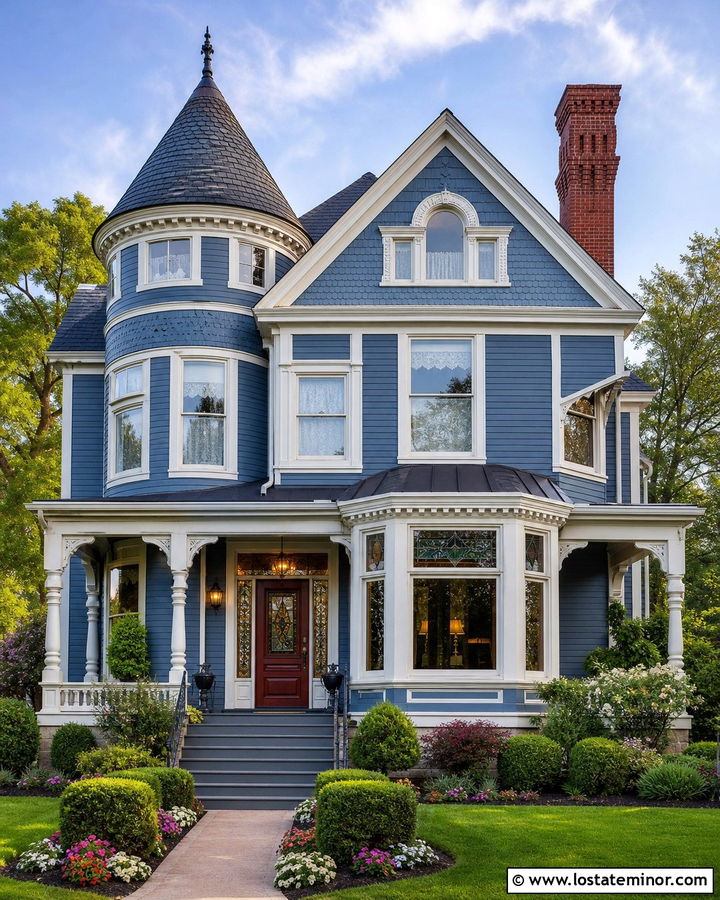 Slate Blue Victorian With Decorative Brick Chimney - 30 Slate Blue House Design With Chimney Ideas
