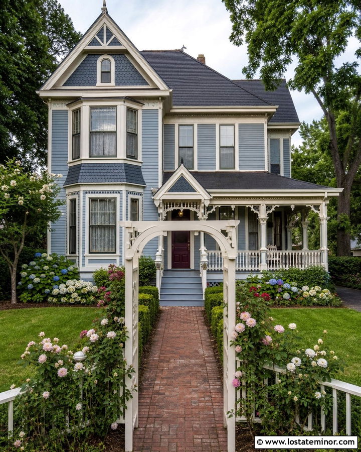 Slate Blue Victorian With Decorative Pergola - 30 Slate Blue House Design With Pergola Ideas