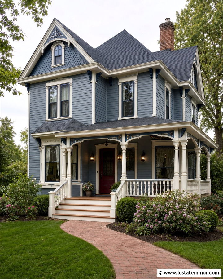 Slate Blue Victorian With Decorative Porch Columns - 30 Slate Blue House Design With Porch Columns Ideas