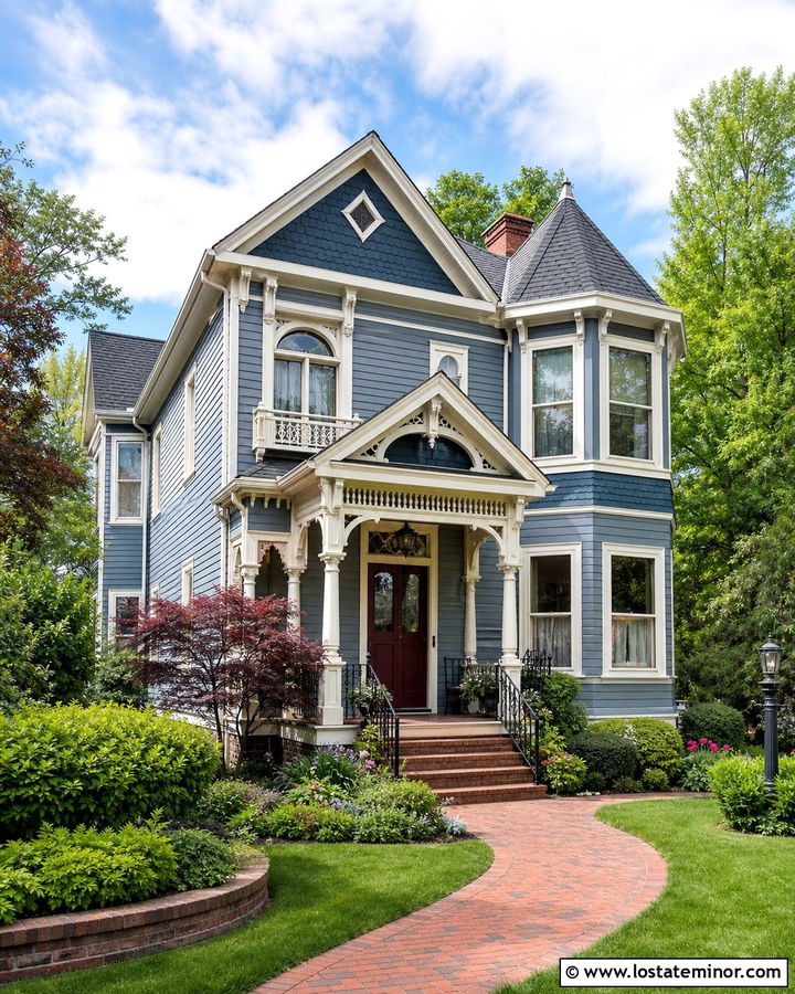 Slate Blue Victorian With Decorative Portico - 30 Slate Blue House Design With Portico Ideas