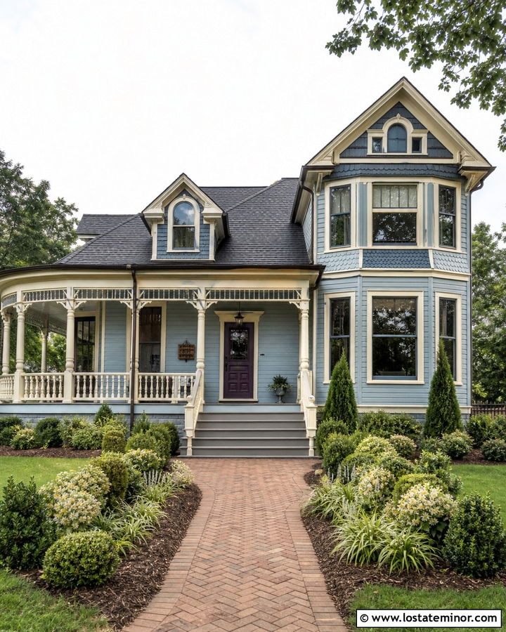 Slate Blue Victorian With Decorative Railings - 30 Slate Blue House Design With Railings Ideas