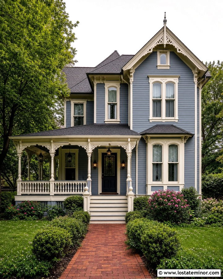 Slate Blue Victorian With Hanging Porch Lights - 30 Slate Blue House Design With Light Fixtures Ideas