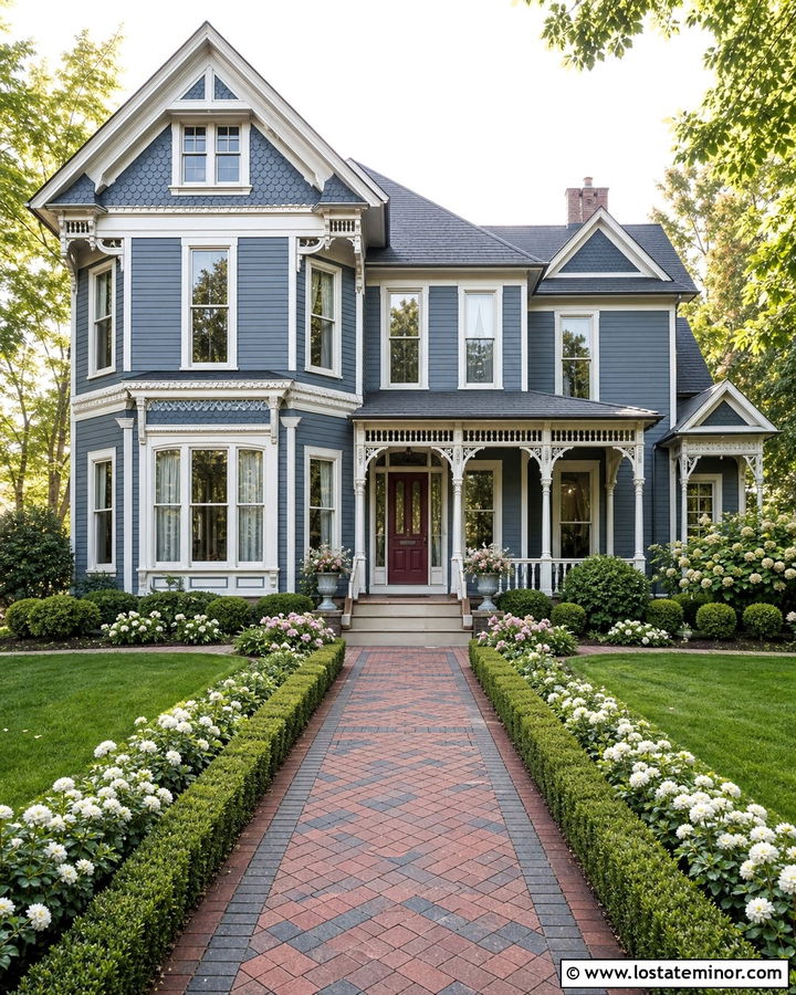 Slate Blue Victorian With Patterned Brick Walkway - 30 Slate Blue House Design With Walkway Ideas