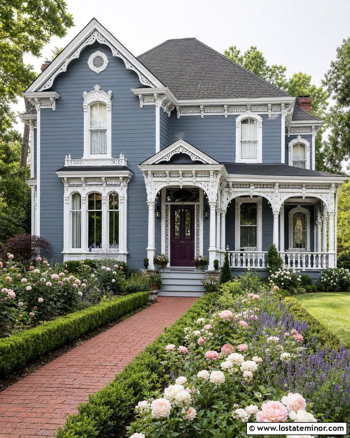 Slate Blue Victorian With White Trim And Rose Garden - 30 Slate Blue House Design With Front Yard Ideas