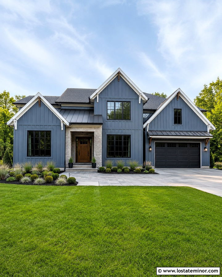 Slate Gray Board And Batten House With Stone Entry - 30 Slate Grey House Design With Stone Accents Ideas