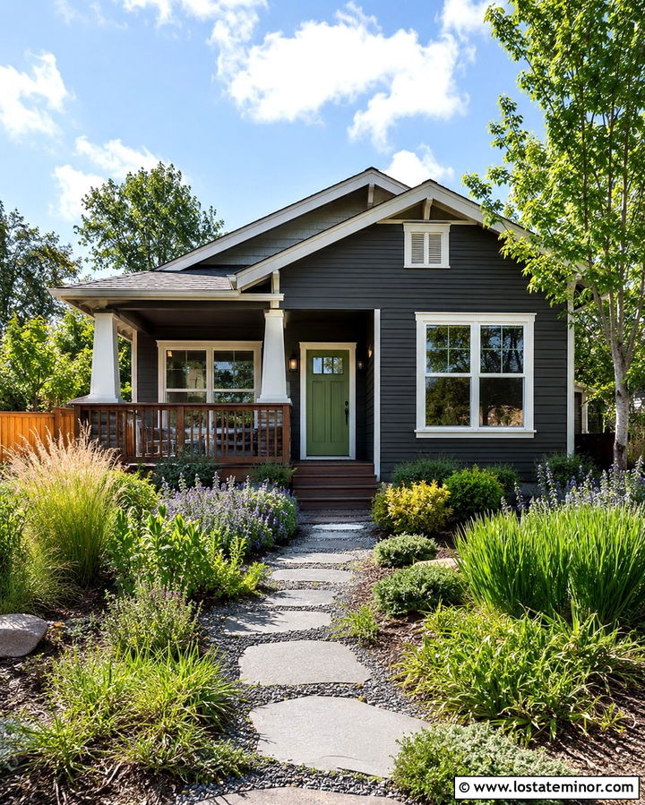 Slate Gray Bungalow With Native Plants - 30 Slate Grey House Design With Front Yard Ideas