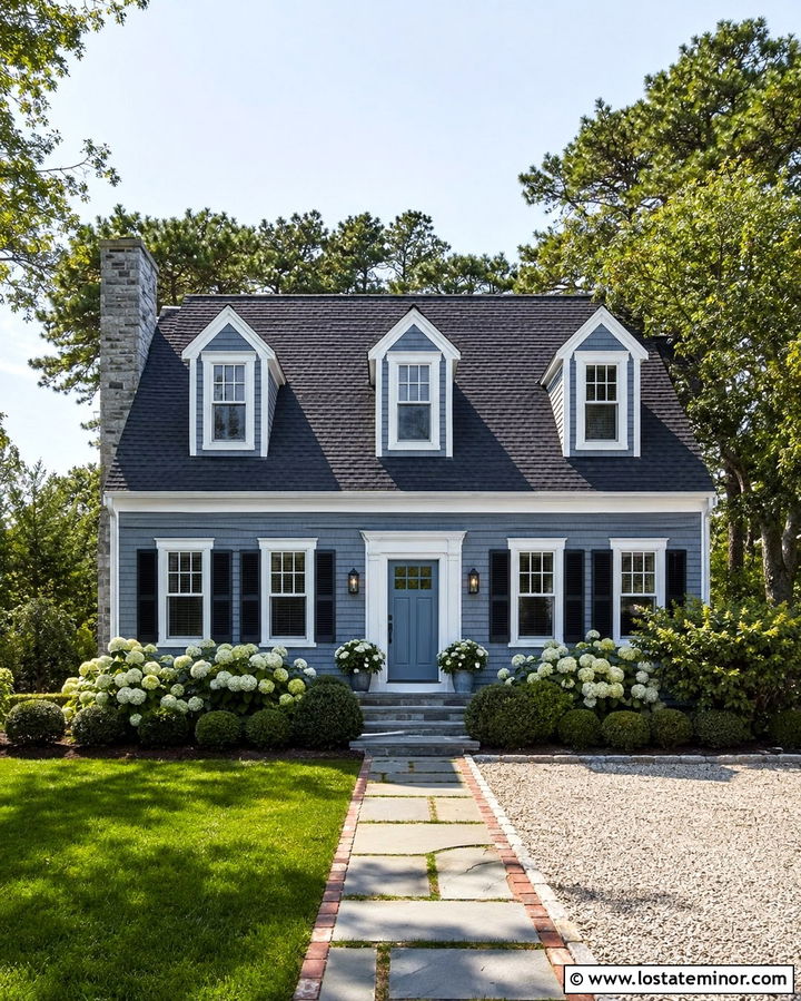 Slate Gray Cape Cod With Blue Door And Bluestone - 30 Slate Grey House Design With Stone Accents Ideas
