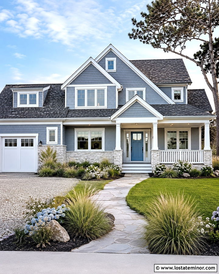 Slate Gray Coastal House With White Trim And Pale Stone - 30 Slate Grey House Design With Stone Accents Ideas