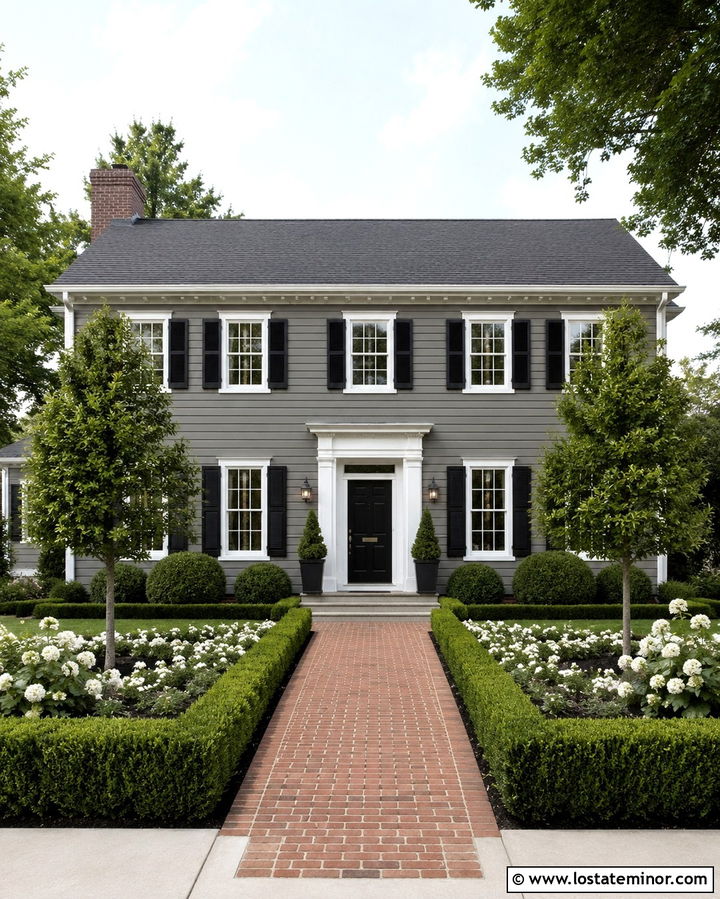 Slate Gray Colonial House With Formal Landscaping - 30 Slate Grey House Design With Front Yard Ideas
