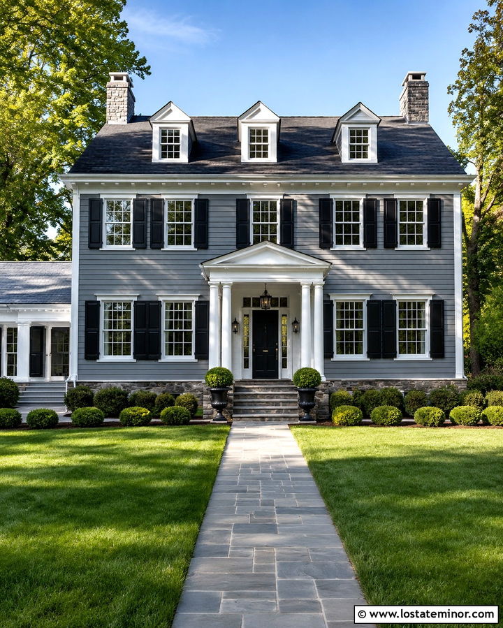 Slate Gray Colonial With Black Shutters And Fieldstone - 30 Slate Grey House Design With Stone Accents Ideas