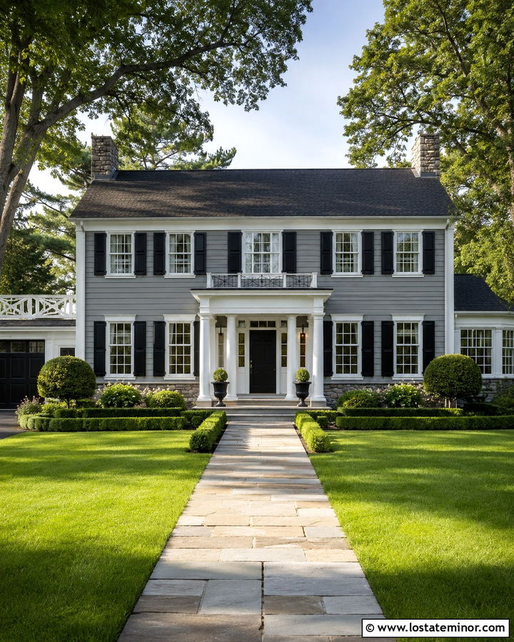 Slate Gray Colonial With Charcoal Roof And River Rock - 30 Slate Grey House Design With Stone Accents Ideas