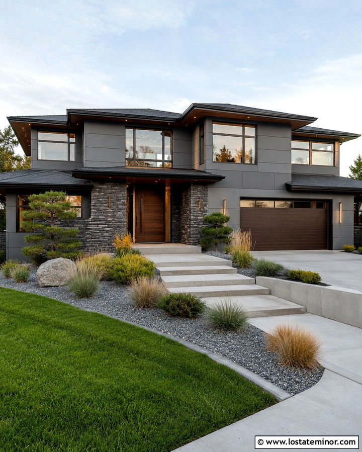 Slate Gray Contemporary House With Bronze Windows And Stacked Stone - 30 Slate Grey House Design With Stone Accents Ideas