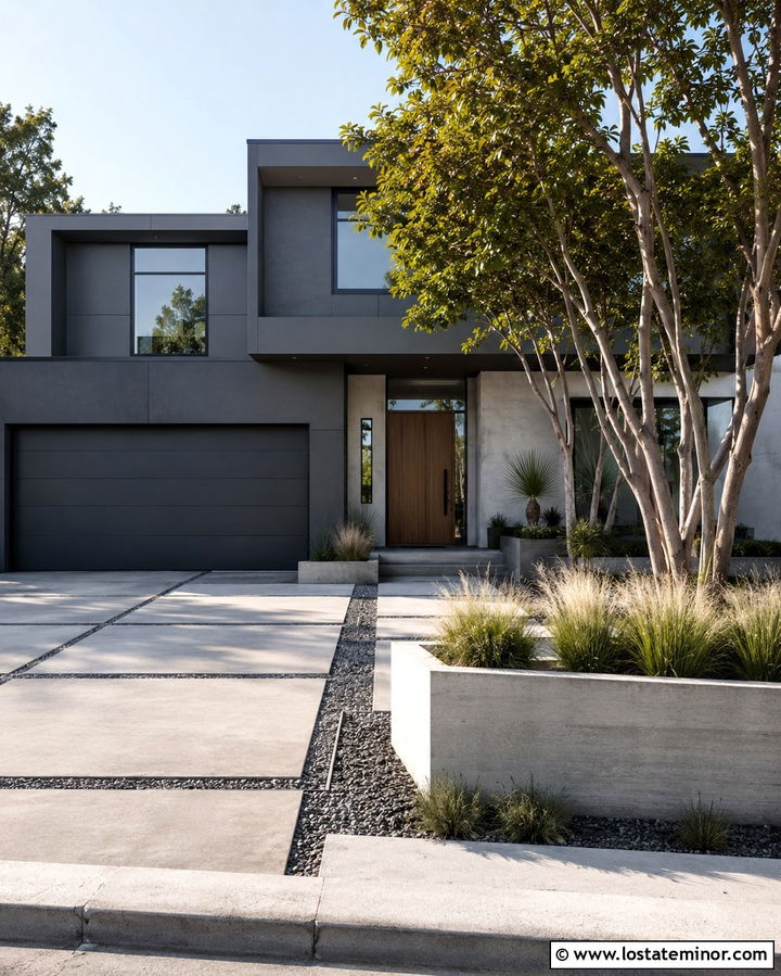 Slate Gray Contemporary House With Concrete Pavers - 30 Slate Grey House Design With Front Yard Ideas