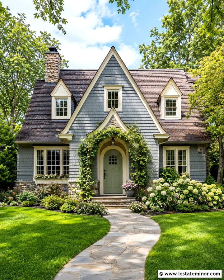 Slate Gray Cottage With Cream Trim And Tan Stone - 30 Slate Grey House Design With Stone Accents Ideas