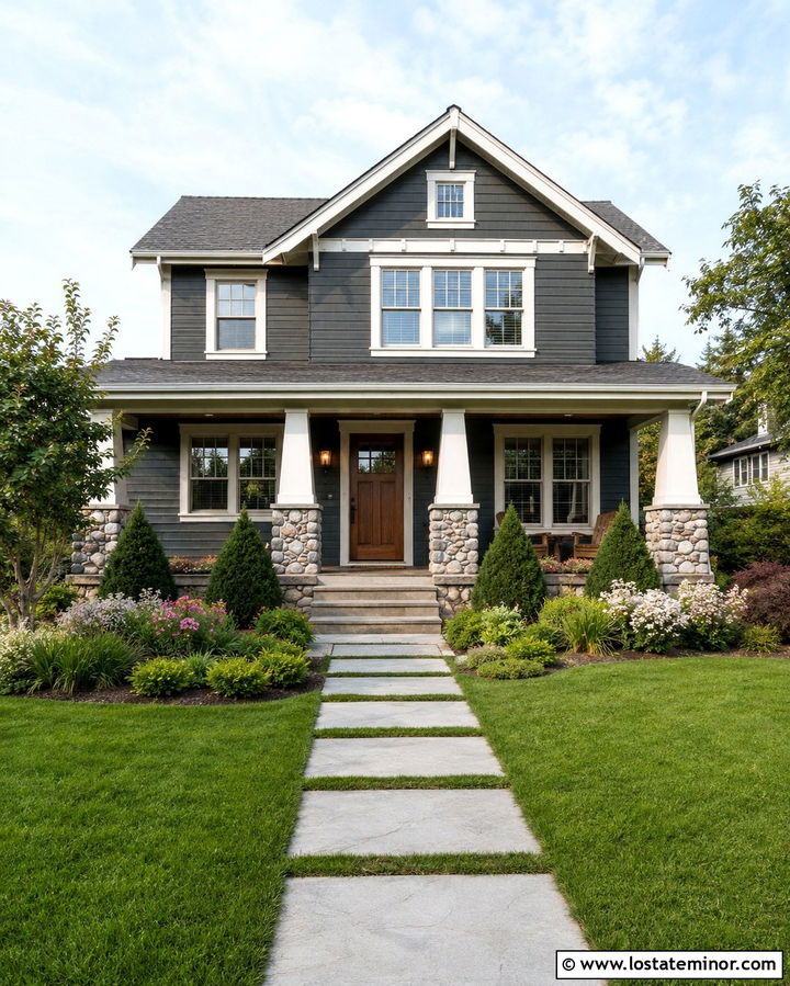 Slate Gray Craftsman House With Stone Walkway - 30 Slate Grey House Design With Front Yard Ideas