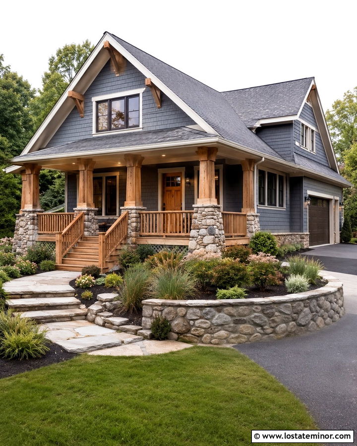Slate Gray Craftsman With Oak Porch And Stone Piers - 30 Slate Grey House Design With Stone Accents Ideas