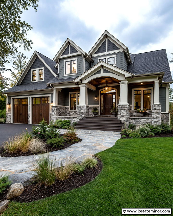 Slate Gray Craftsman With Shingle Gables And Mixed Stone - 30 Slate Grey House Design With Stone Accents Ideas