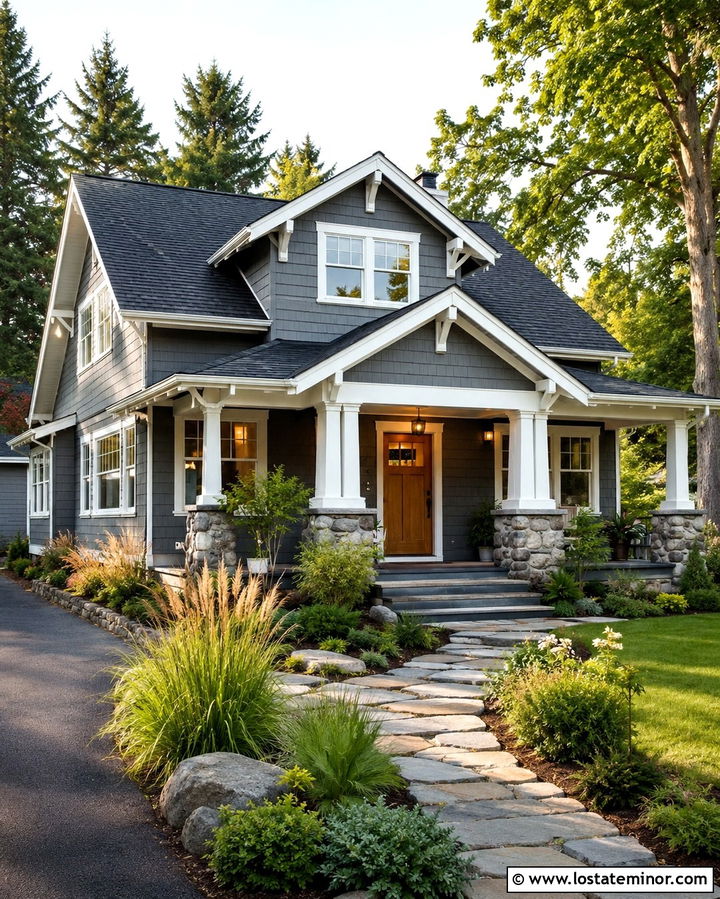 Slate Gray Craftsman With White Trim And Fieldstone - 30 Slate Grey House Design With Stone Accents Ideas