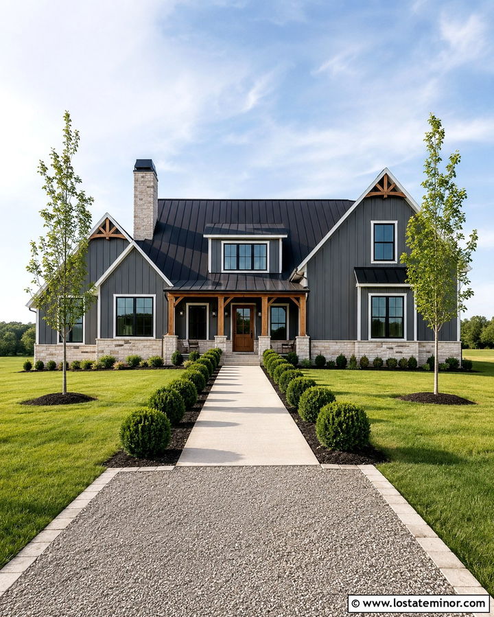 Slate Gray Farmhouse With Metal Roof And Limestone - 30 Slate Grey House Design With Stone Accents Ideas