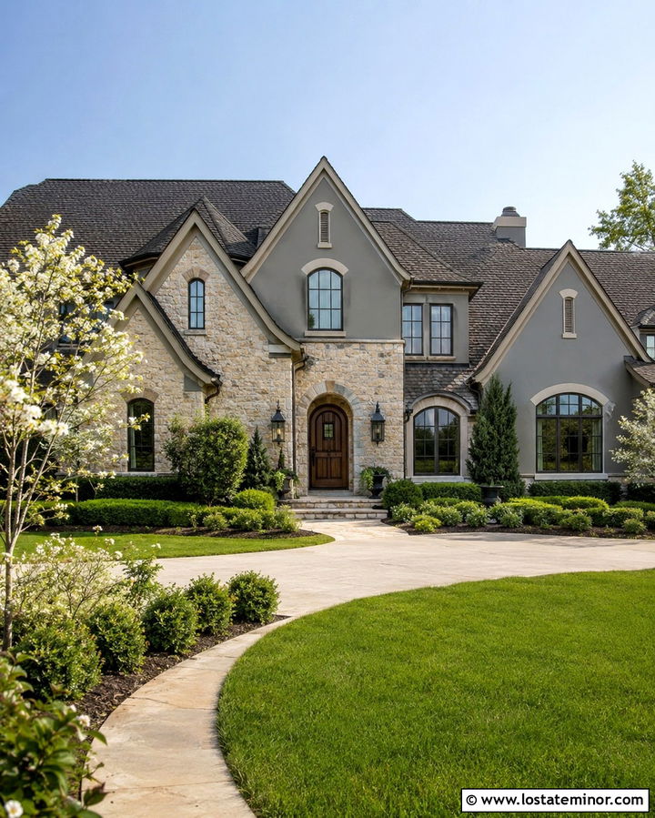 Slate Gray French Country House With Taupe Trim And Warm Stone - 30 Slate Grey House Design With Stone Accents Ideas