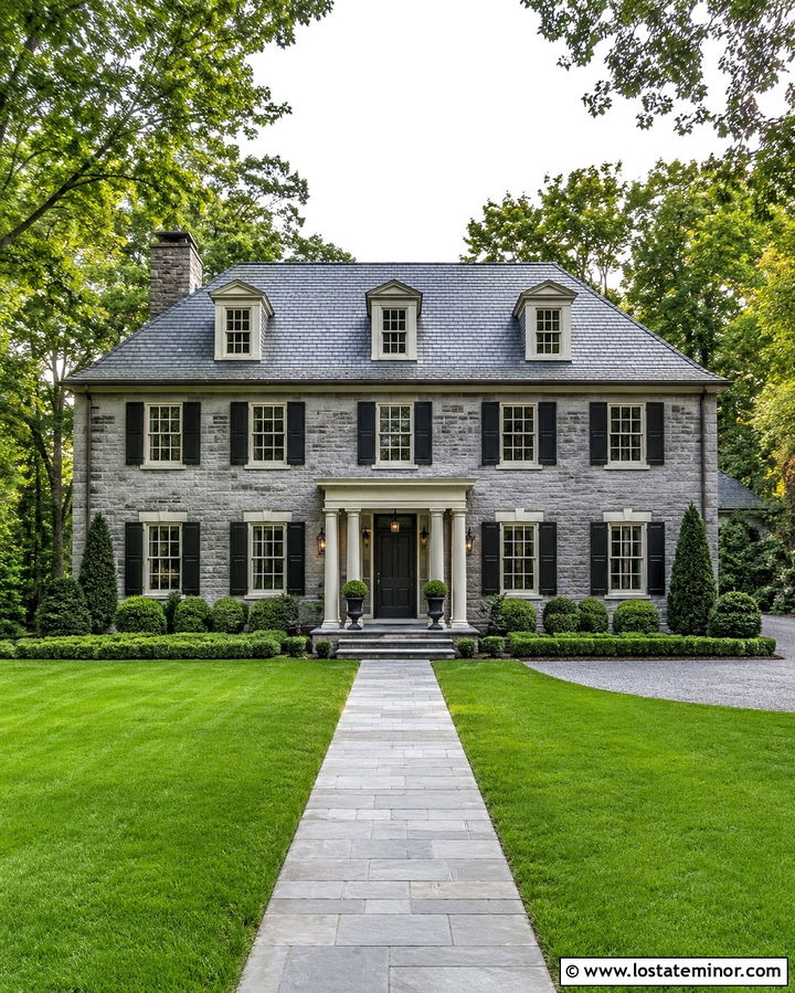 Slate Gray Georgian House With Greige Trim And Ashlar Stone - 30 Slate Grey House Design With Stone Accents Ideas