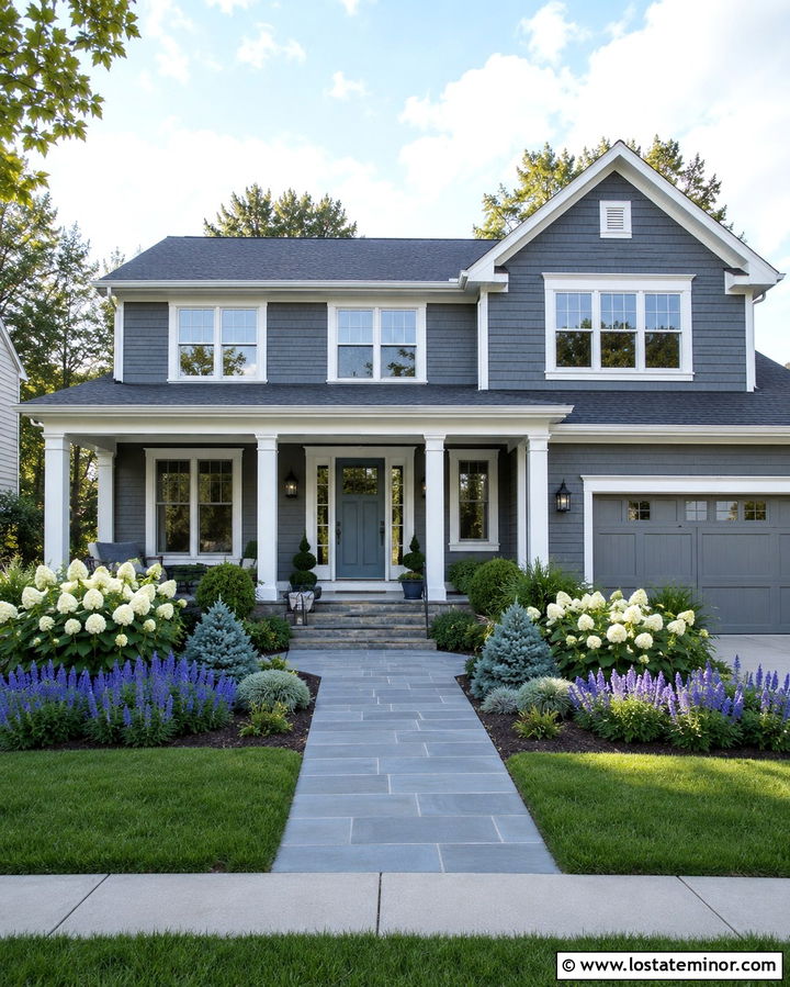 Slate Gray House With Blue Front Door - 30 Slate Grey House Design With Front Yard Ideas