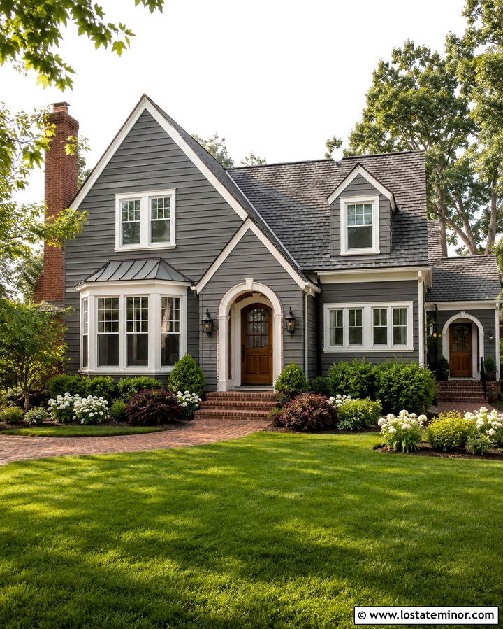 Slate Gray House With Brick Accents - 30 Slate Grey House Design With Front Yard Ideas