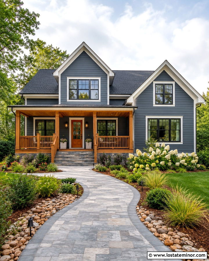 Slate Gray House With Cedar Front Porch - 30 Slate Grey House Design With Front Yard Ideas