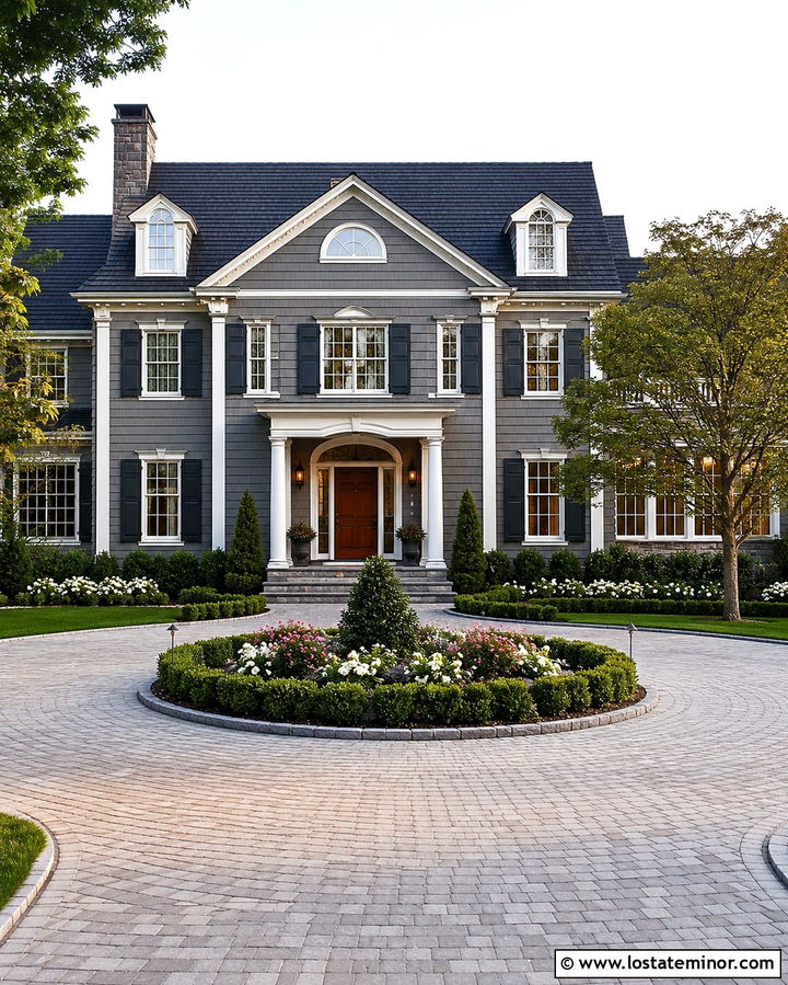 Slate Gray House With Circular Driveway - 30 Slate Grey House Design With Front Yard Ideas
