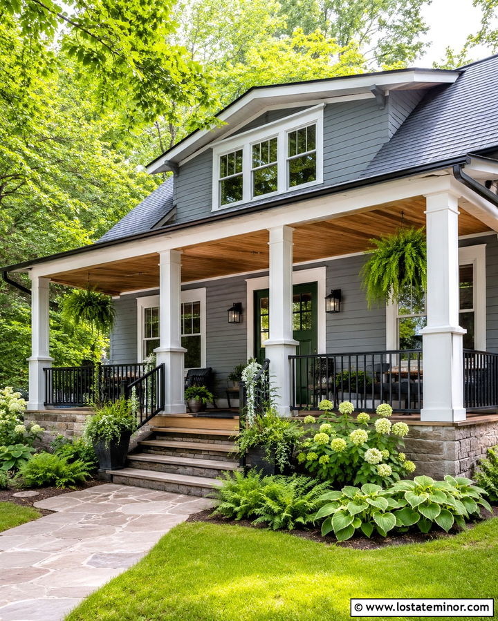 Slate Gray House With Covered Porch Garden - 30 Slate Grey House Design With Front Yard Ideas