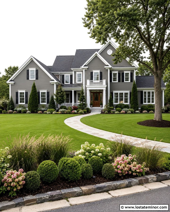 Slate Gray House With Large Front Lawn - 30 Slate Grey House Design With Front Yard Ideas
