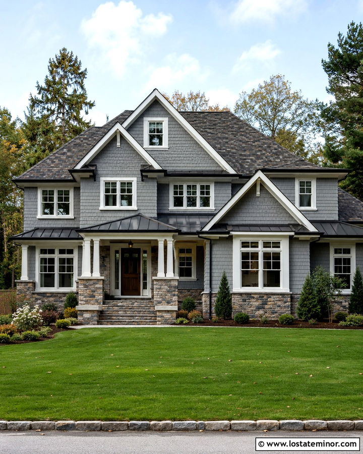 Slate Gray House With Mixed Shingle Roof - 30 Slate Grey House Design With Shingles Ideas