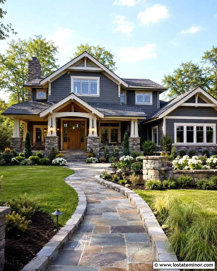 Slate Gray House With Natural Stone Accents - 30 Slate Grey House Design With Front Yard Ideas