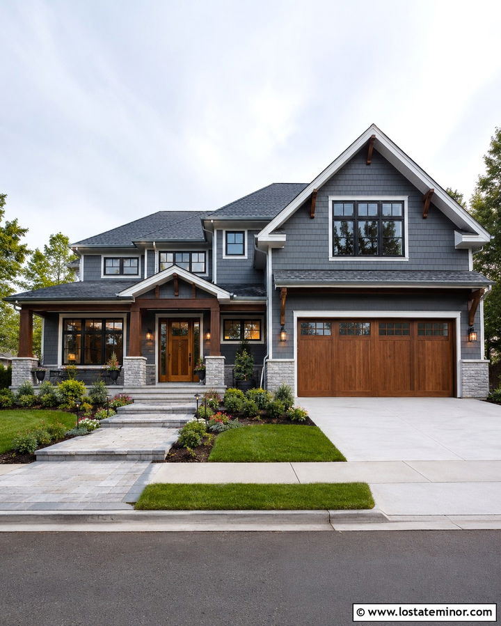 Slate Gray House With Natural Wood Door - 30 Slate Grey House Design With Shingles Ideas