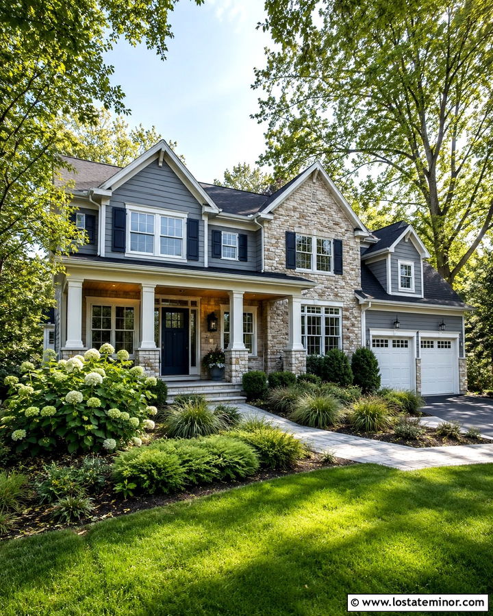 Slate Gray House With Navy Accents And Stone Gables - 30 Slate Grey House Design With Stone Accents Ideas