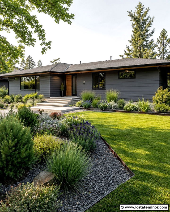 Slate Gray House With Ornamental Grass Yard - 30 Slate Grey House Design With Front Yard Ideas