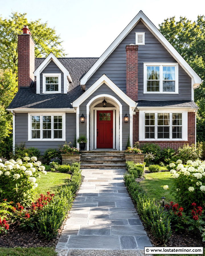 Slate Gray House With Red Front Door - 30 Slate Grey House Design With Front Yard Ideas