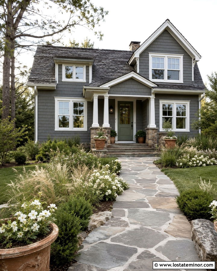 Slate Gray House With Sage Green Door - 30 Slate Grey House Design With Front Yard Ideas