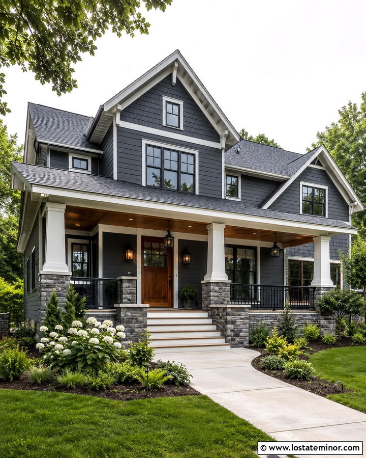 Slate Gray House With Shingled Porch Roof - 30 Slate Grey House Design With Shingles Ideas