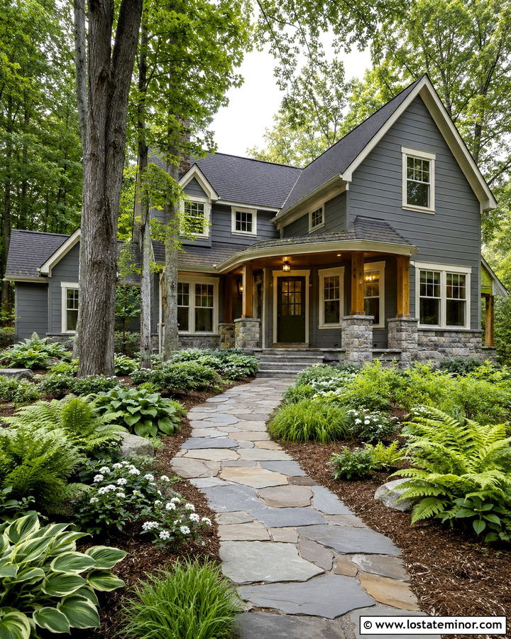 Slate Gray House With Woodland Front Yard - 30 Slate Grey House Design With Front Yard Ideas