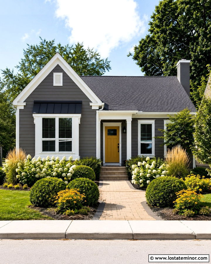 Slate Gray House With Yellow Front Door - 30 Slate Grey House Design With Front Yard Ideas