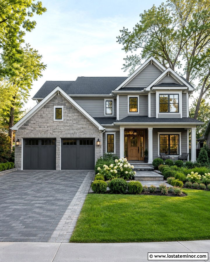 Slate Gray Lap Siding With Stone Garage - 30 Slate Grey House Design With Stone Accents Ideas