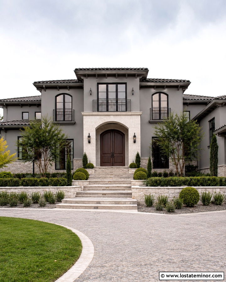 Slate Gray Mediterranean House With Stone Arch - 30 Slate Grey House Design With Stone Accents Ideas