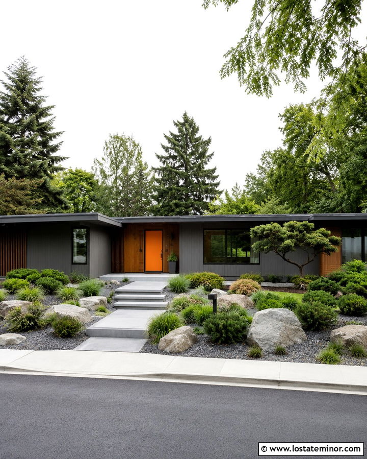 Slate Gray Midcentury House With Minimal Landscaping - 30 Slate Grey House Design With Front Yard Ideas