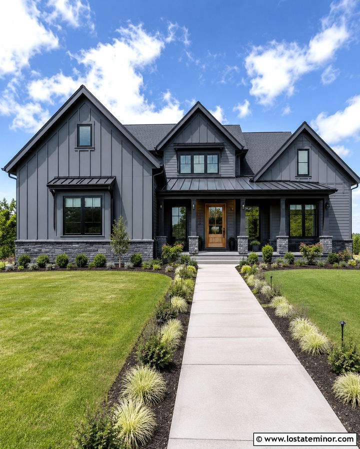 Slate Gray Modern Farmhouse With Black Trim And Ledgestone - 30 Slate Grey House Design With Stone Accents Ideas