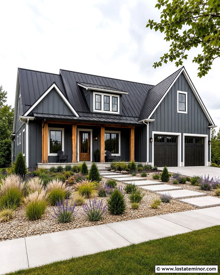 Slate Gray Modern Farmhouse With Gravel Garden - 30 Slate Grey House Design With Front Yard Ideas