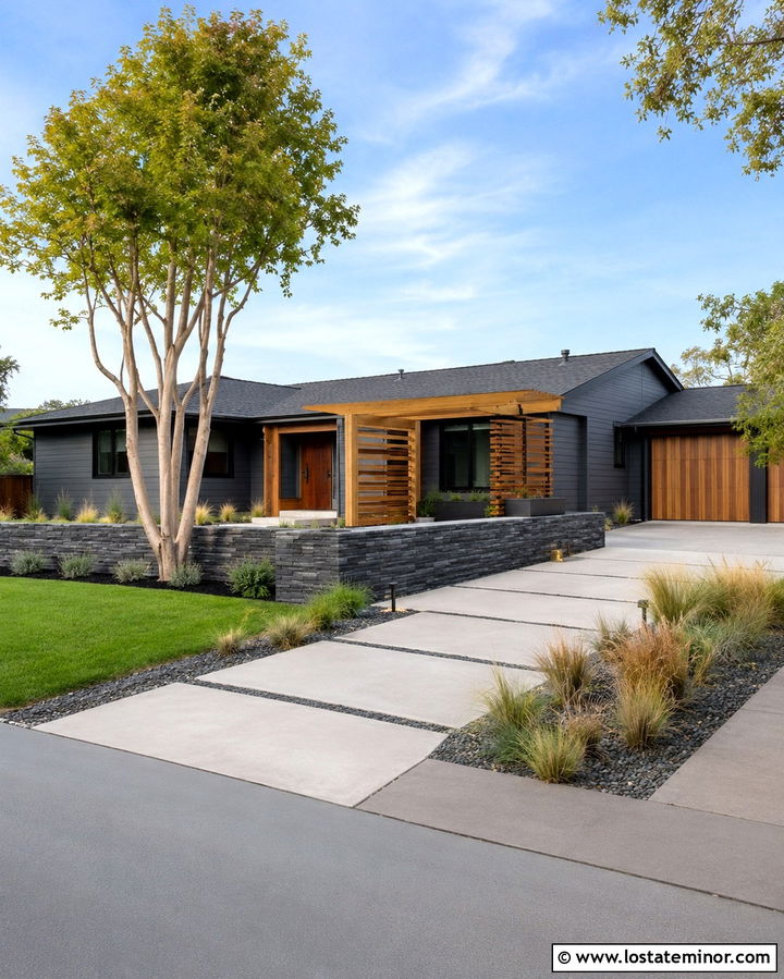 Slate Gray Modern Ranch With Cedar Pergola And Stone Courtyard - 30 Slate Grey House Design With Stone Accents Ideas