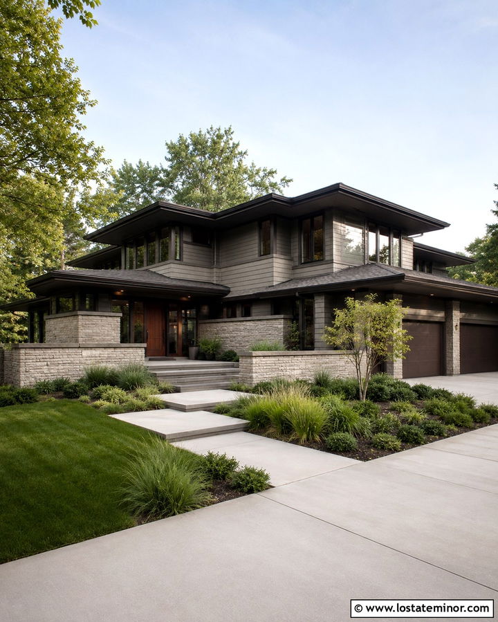 Slate Gray Prairie House With Bronze Accents And Stone Porch - 30 Slate Grey House Design With Stone Accents Ideas