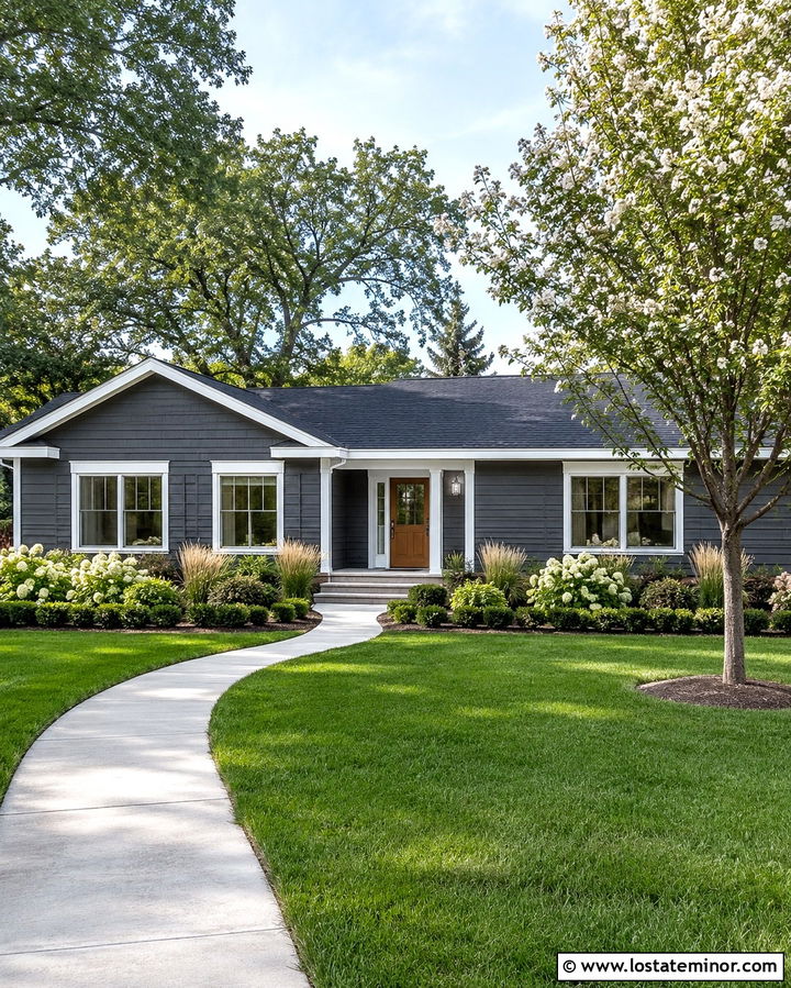 Slate Gray Ranch House With White Trim - 30 Slate Grey House Design With Front Yard Ideas