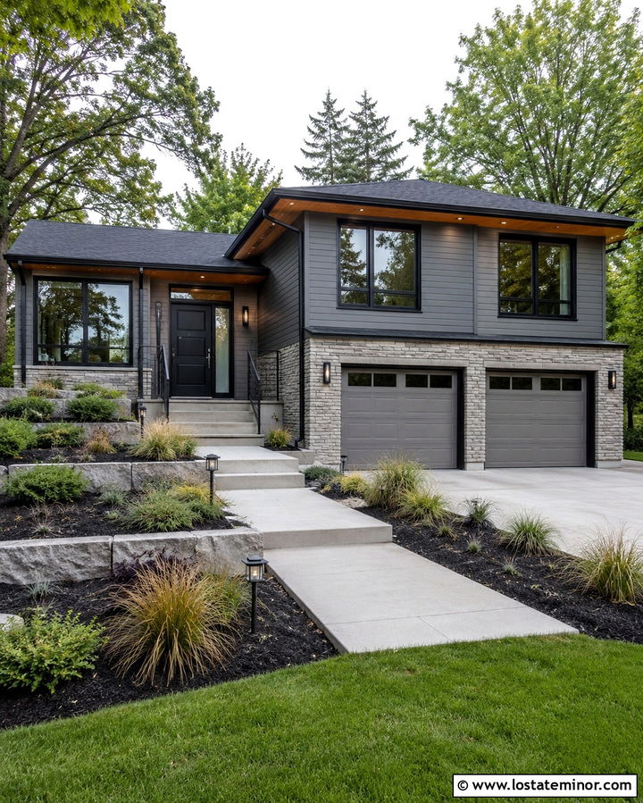 Slate Gray Split Level With Black Door And Granite - 30 Slate Grey House Design With Stone Accents Ideas